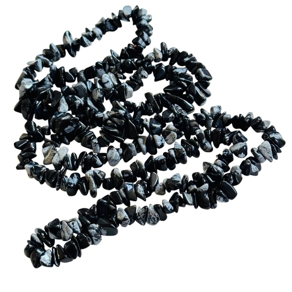 VTG Snowflake Obsidian Necklace natural beads BOHO Single Strand Beaded real 36"